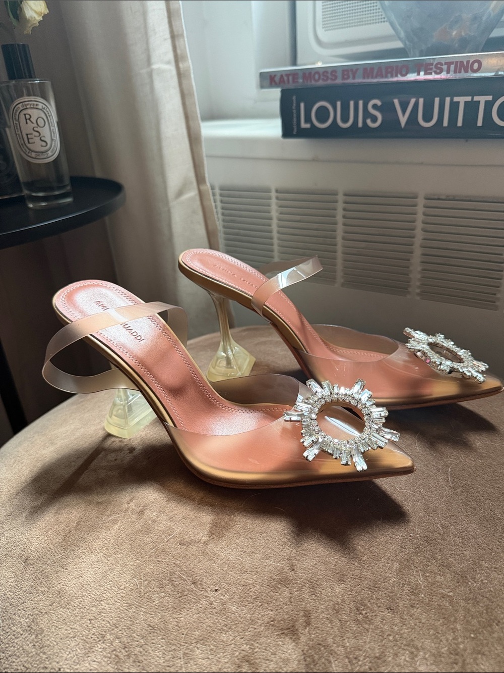 Amina Muaddi Pink Nude Crystal Sunburst Slingback Pumps - Picture 7 of 7